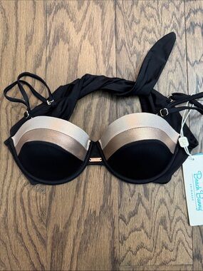 Beach Bunny Black Bikini Top with Metallic Gold-Trim Accents -NEW WITH TAGS